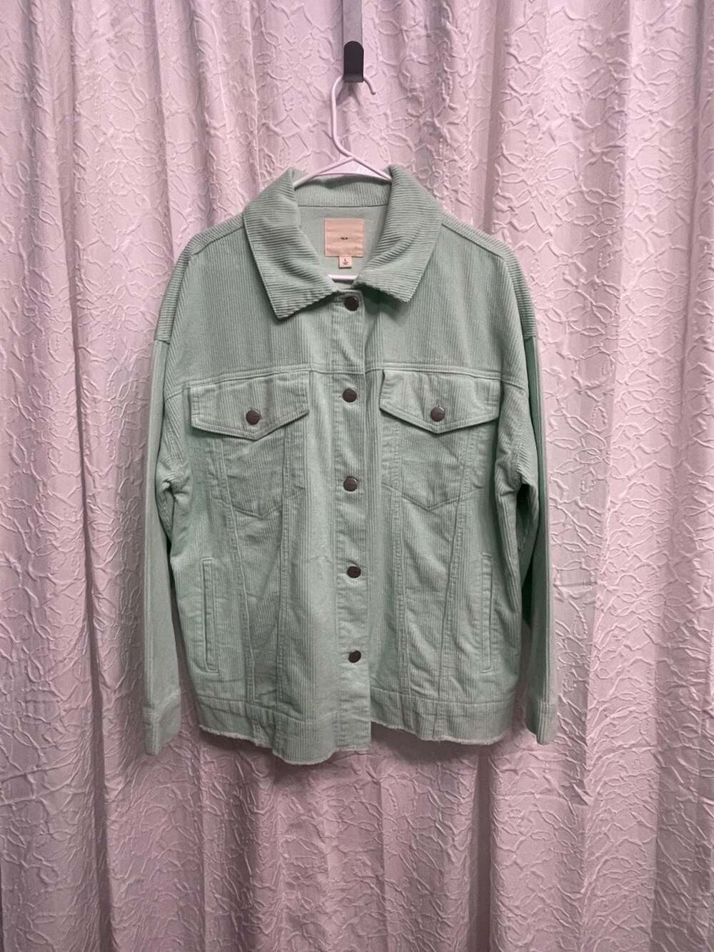 tgla Corduroy Jacket Size L Mint Green Oversized Raw Hem Button Down